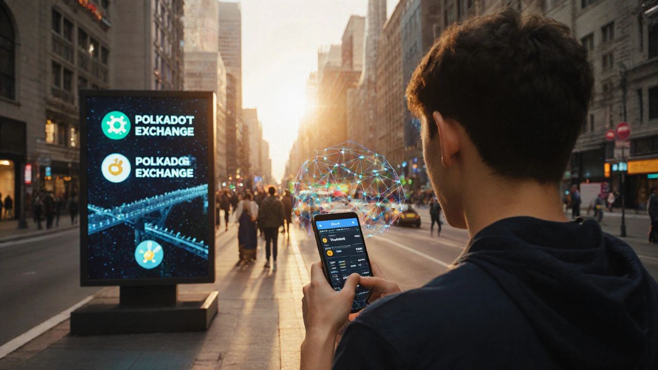 Street scene showing a person using a phone with AR Web3 exchange overlay in a futuristic city.