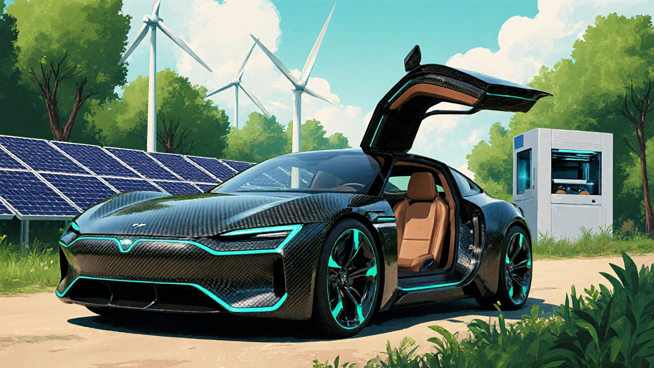 Sustainable luxury EV beside solar‑powered factory, showcasing carbon‑fiber and bio‑leather.