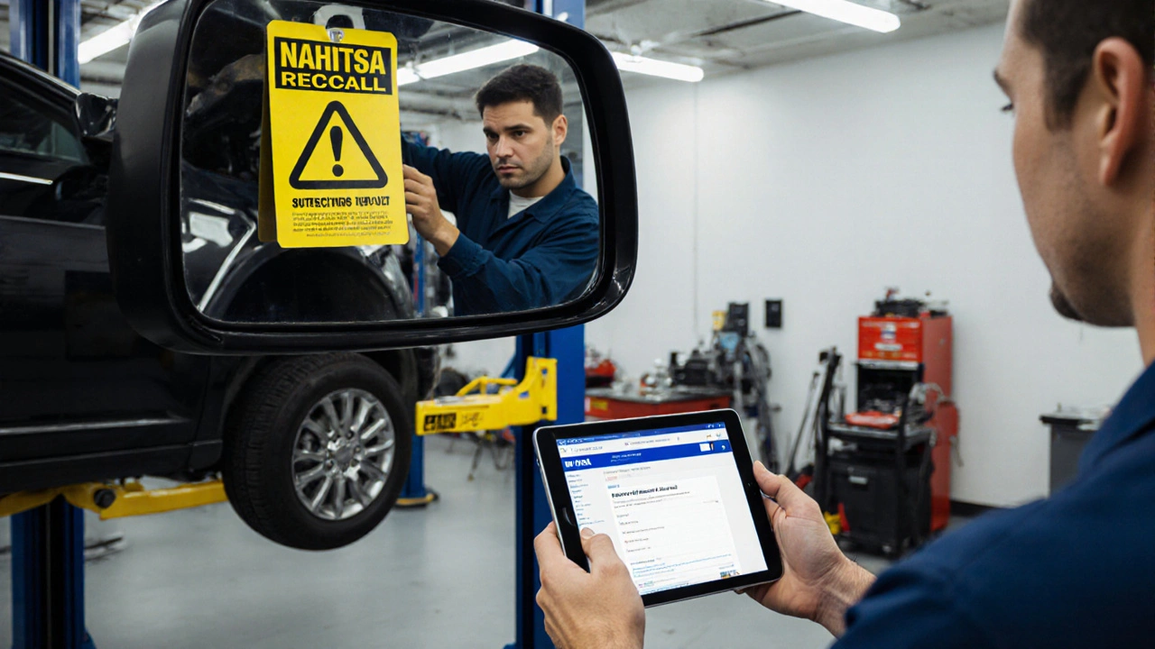Technician repairing a recalled vehicle in a dealership bay with recall tag on mirror.