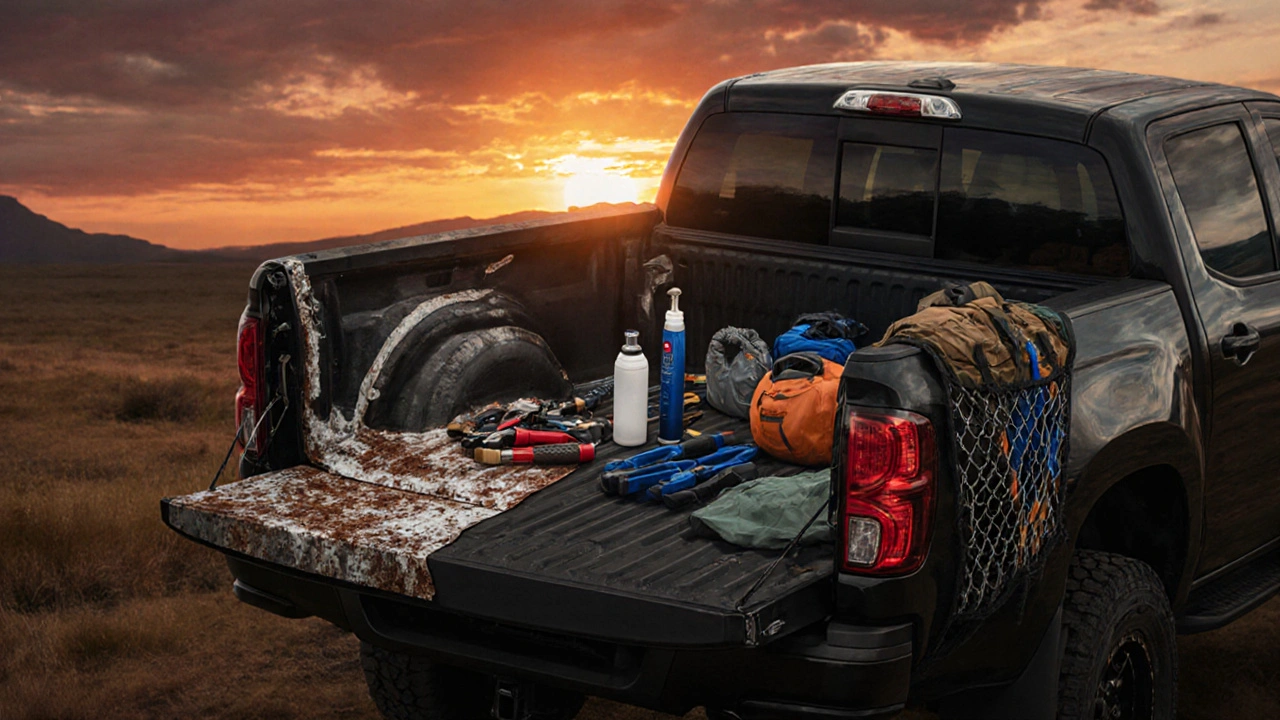Three truck bed liner types compared: cracked paint, seamless spray-on, and drop-in with cargo net.