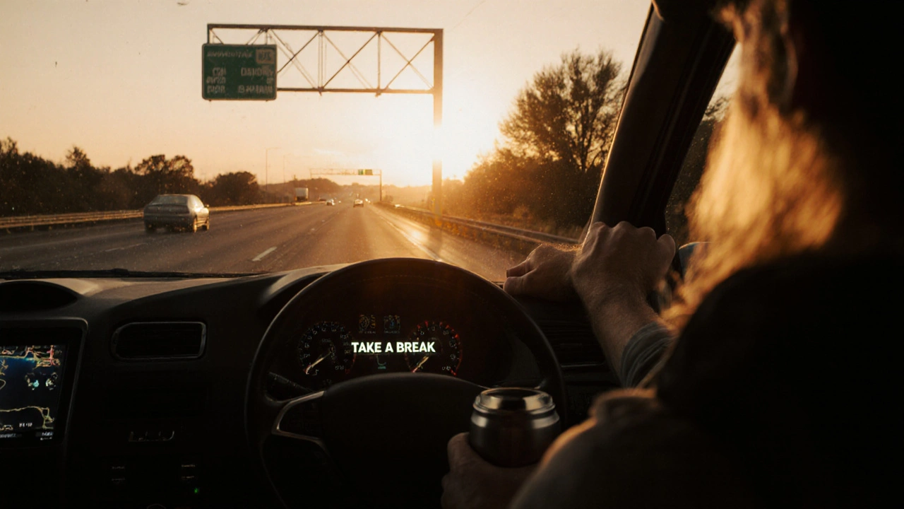 Tired driver resting at a safe roadside stop at sunrise, car parked nearby with warning message turned off, peaceful morning light.