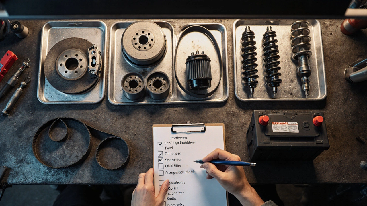 Top‑down view of high‑risk car parts with a checklist on a workbench.