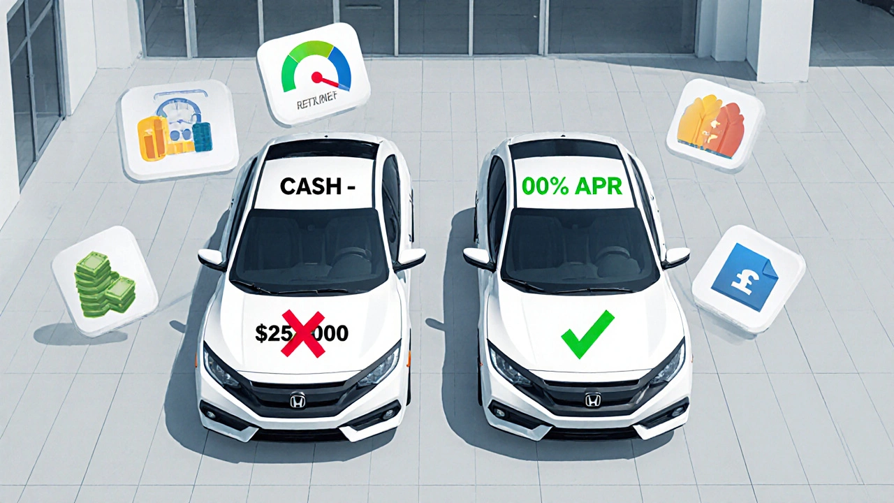 Two identical cars at a dealership, one marked with a red X, the other with a green checkmark.