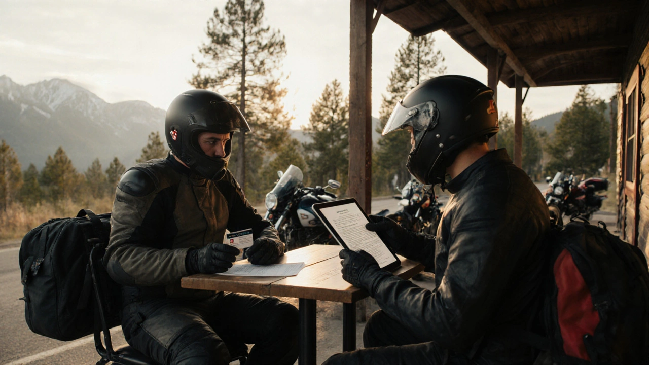 Two riders reviewing motorcycle travel insurance documents at a roadside café with bikes parked nearby.