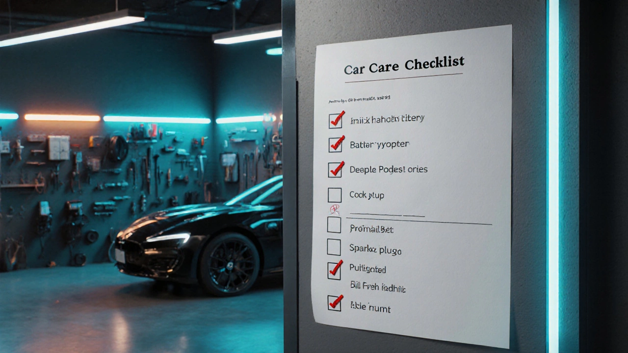 Wall checklist of car parts icons in a tidy garage with ambient lighting.