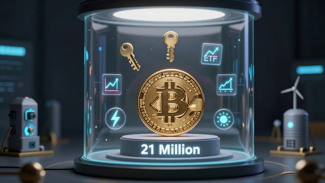 A Bitcoin coin in a glass vault surrounded by symbols of scarcity, innovation, and energy sources.