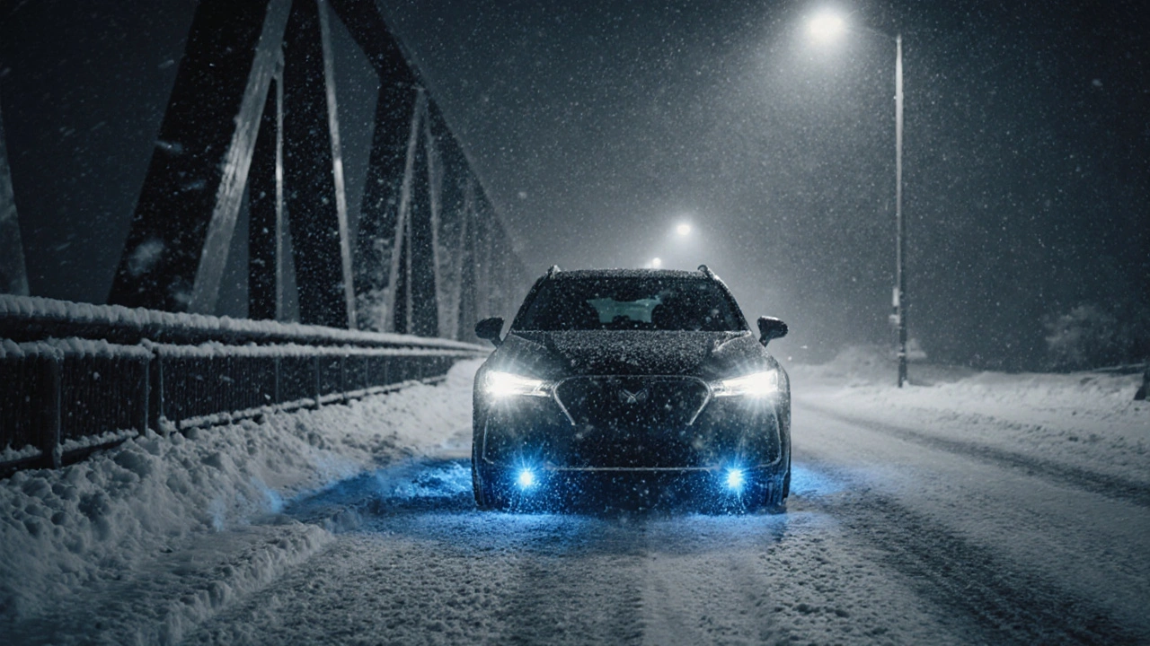 A car safely crossing a snowy bridge at night with subtle brake pulses indicating traction control activation.