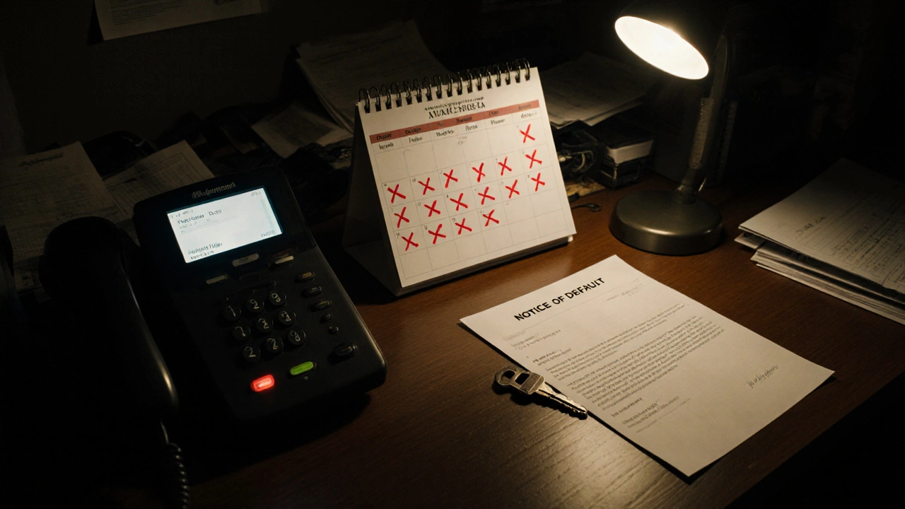 A desk with unpaid loan notices and a car key under lamplight.