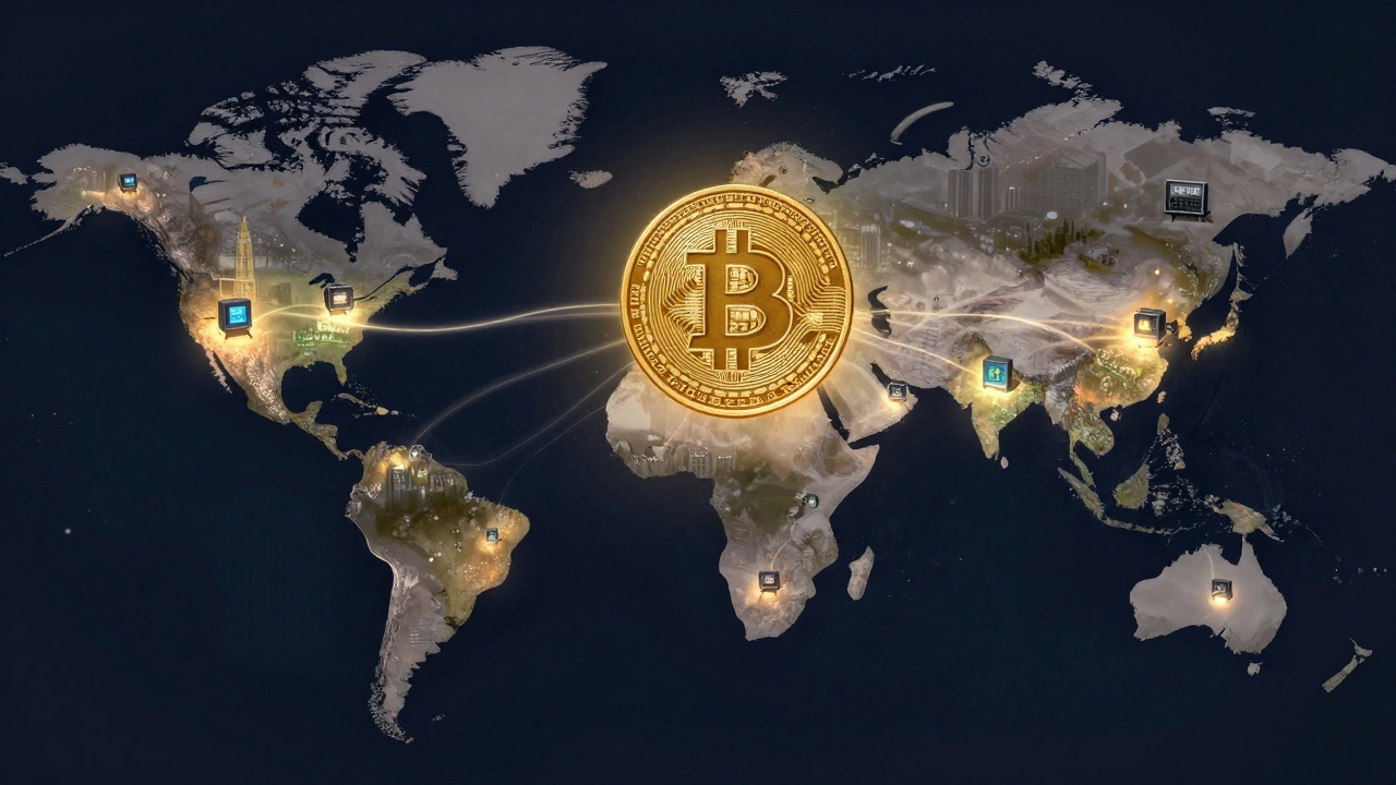 A global map lit by interconnected computers forming a blockchain network around a central Bitcoin.