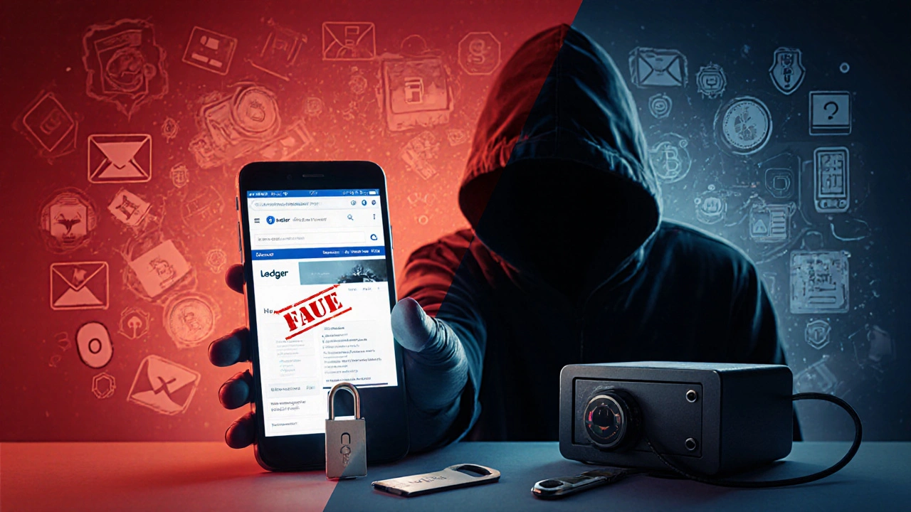 A hacker targeting a phone with a fake website while a secure hardware wallet stays protected in a safe.