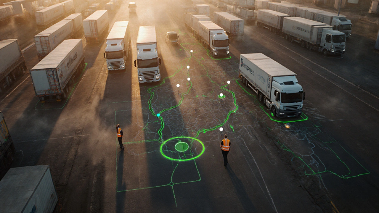 Aerial view of fleet depot with trucks following optimized routes on a digital map projected on ground.