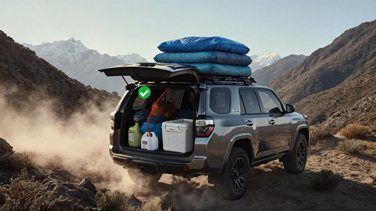 Balanced overlanding vehicle with gear stored low and centered on a mountain trail, rooftop tent visible.