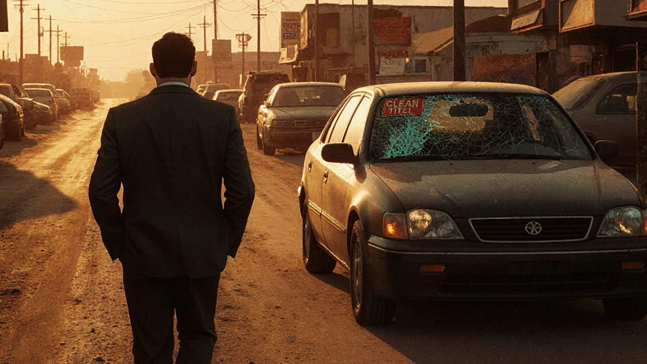 Buyer walking away from a used car with flickering lights and peeling title sticker.