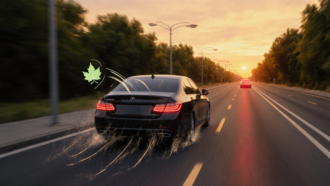 Car coasting toward a red light without braking, energy dissipating gently, symbolizing efficient driving.