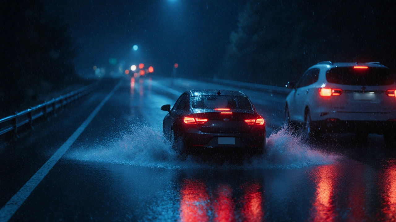 Car driving on wet highway with ABS warning light on dashboard during rain.