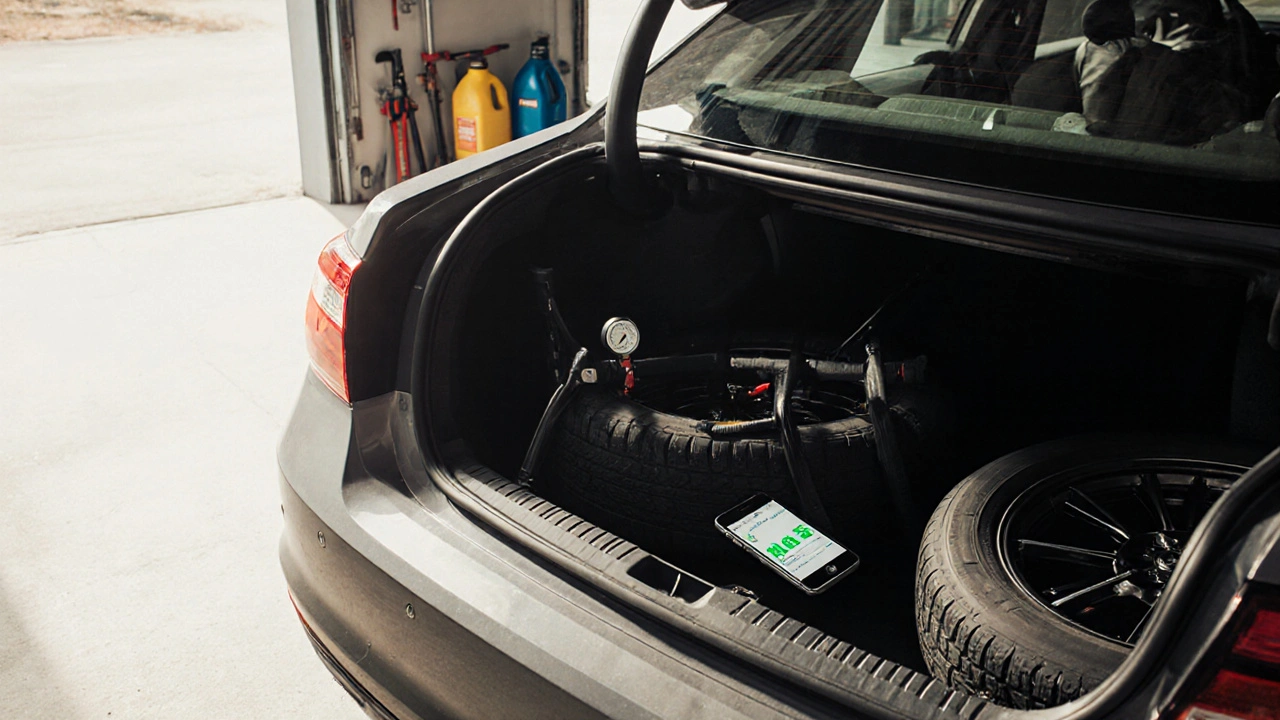 Car trunk cleared of unnecessary items, tires properly inflated, with fuel efficiency app visible on phone.