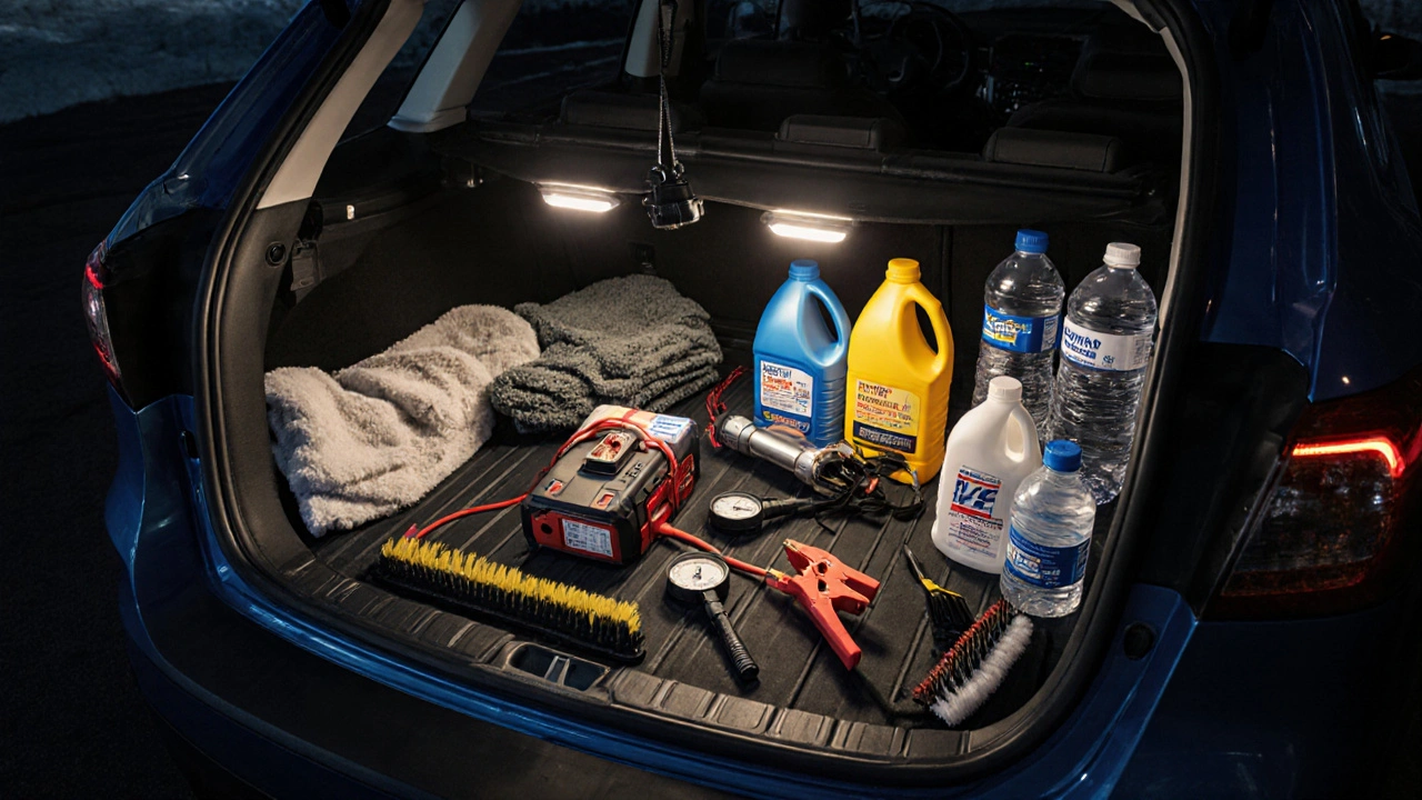 Car trunk filled with emergency supplies: jump starter, fluids, flashlight, and tools