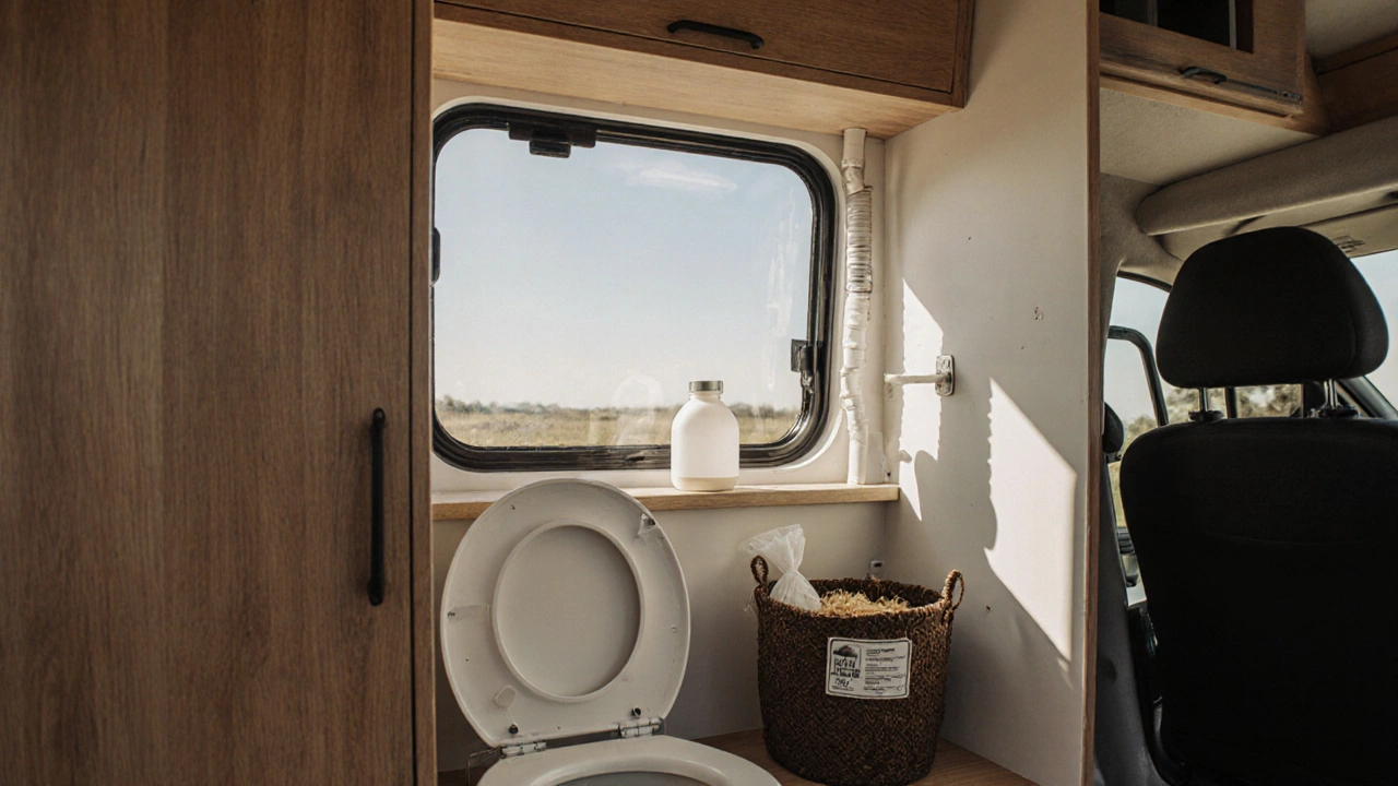 Composting toilet in a van with urine bottle and coconut coir bin, no tanks visible.