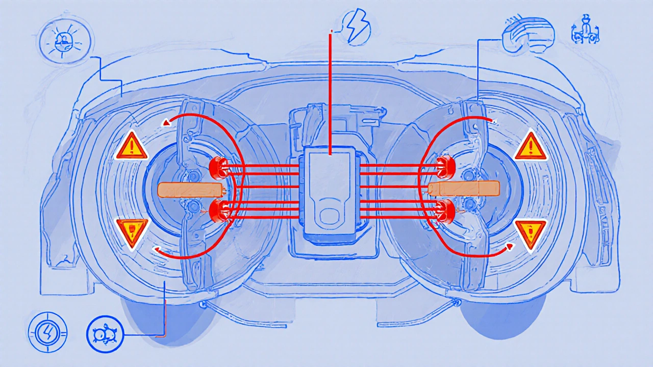 Cross-section diagram showing sensor data flowing to an ABS module with warning symbols.