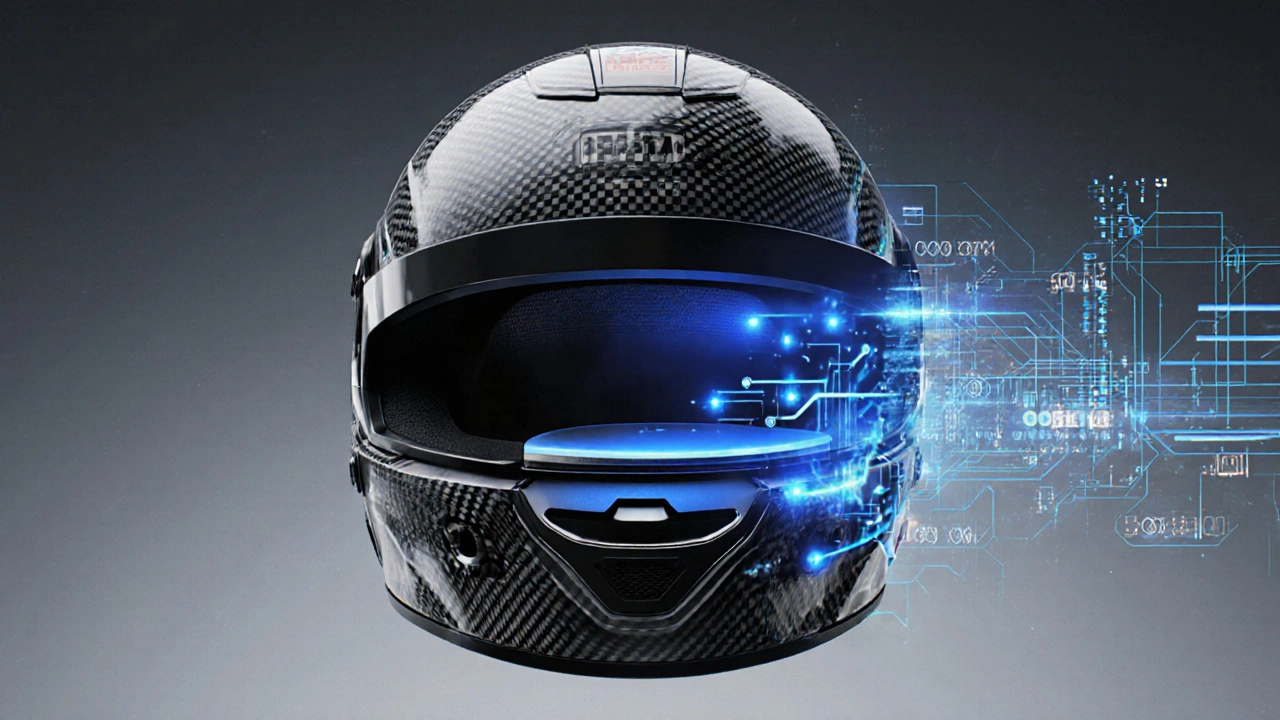 Cross-section of a racing helmet showing layered materials and embedded sensors for impact protection.