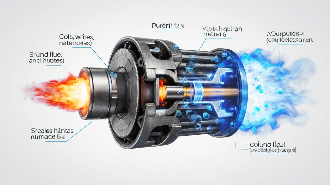 Cross-section of engine cylinder showing lean vs rich combustion mixtures with flame differences.