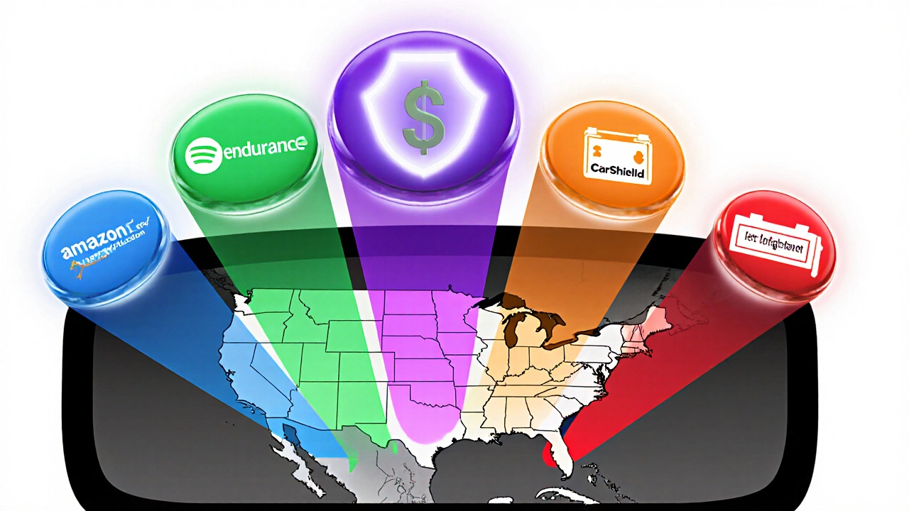 Dashboard-shaped comparison of five warranty providers with U.S. repair network beams and cost/battery indicators.