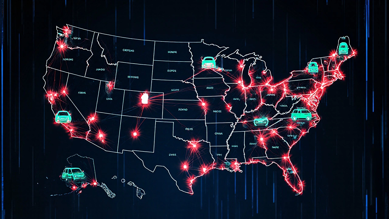 Digital map of the U.S. showing trade routes between dealerships with vehicle icons moving between states.