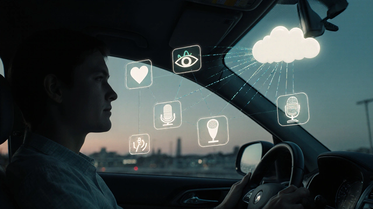 Driver in a car cabin with floating icons representing collected data like heart rate and GPS tracking.