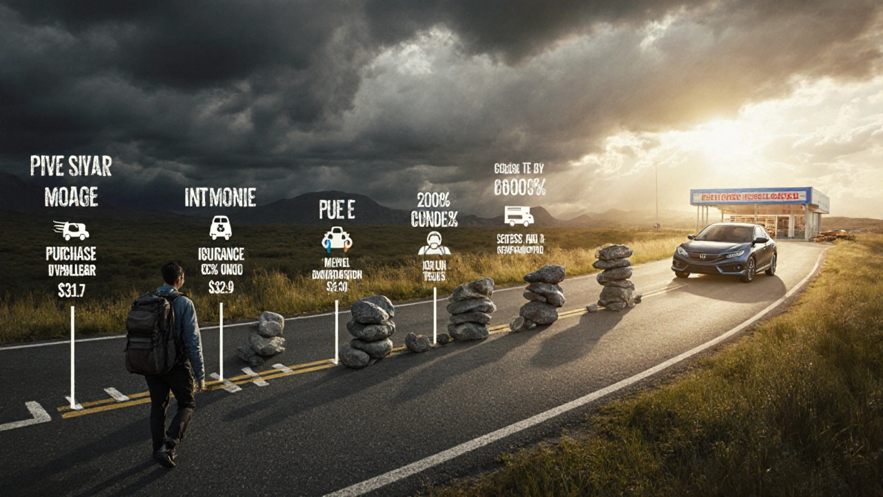 Figure carrying increasing costs on a journey toward a car with lower ownership expenses.