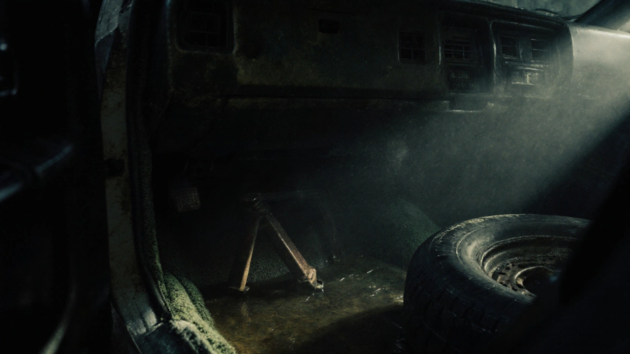Flood-damaged car interior with mold, stained carpet, and corroded spare tire.