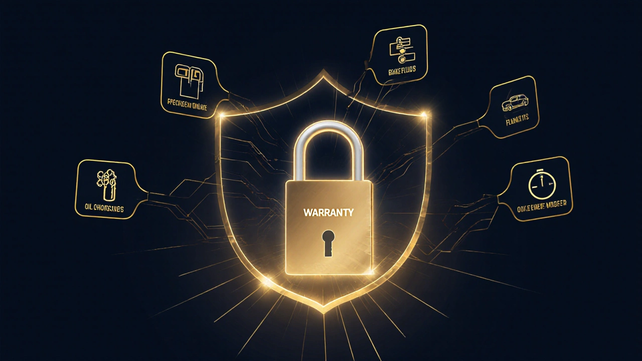 Glowing digital key unlocking a warranty shield, surrounded by maintenance icons.