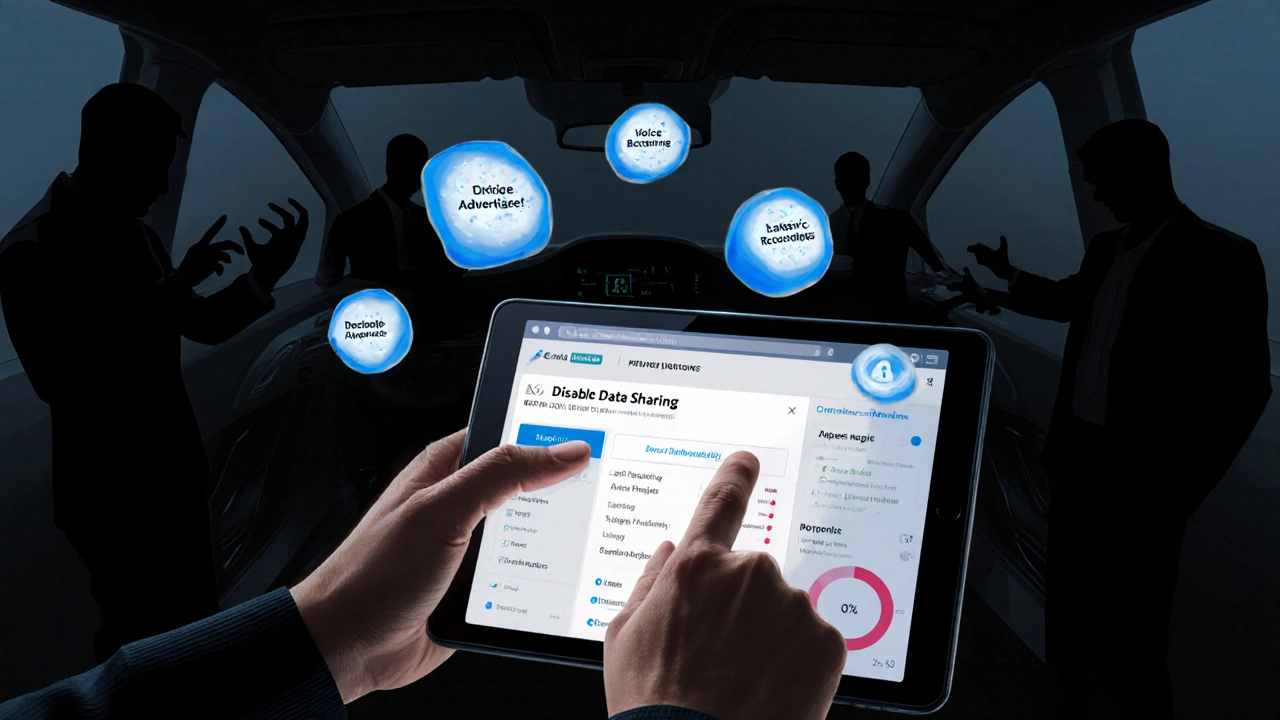 Hand clicking &#039;Disable Data Sharing&#039; on a privacy dashboard while shadowy figures reach for personal data.