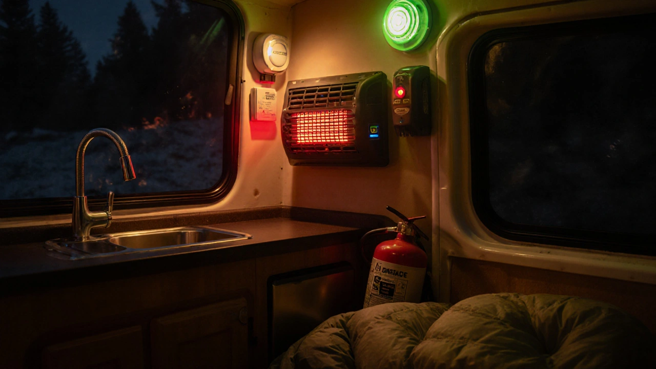 Interior of a van with propane detector, fire extinguisher, and catalytic heater.