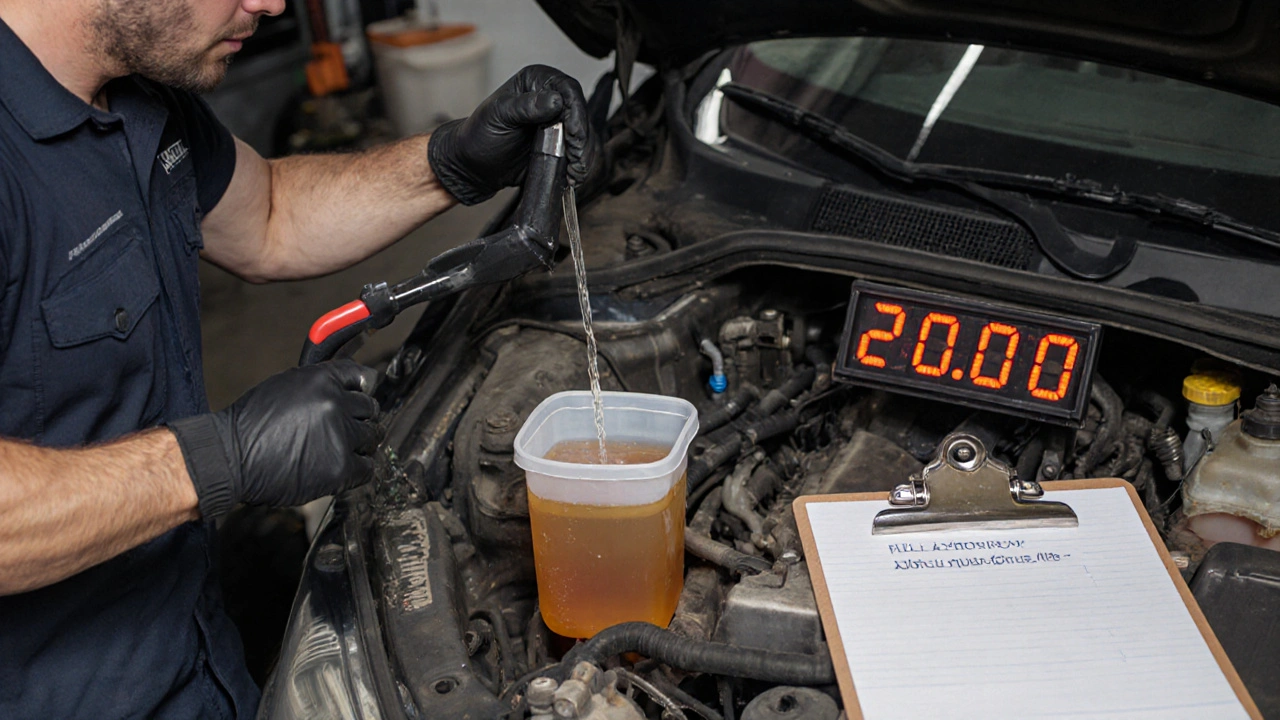 Mechanic flushing transmission fluid in garage with tools and mileage clipboard
