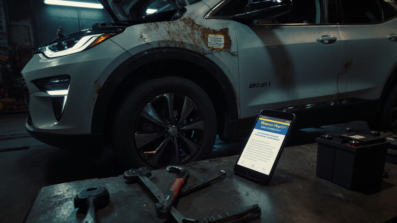 Mechanic working on an electric car battery with warranty approval notification on phone, neon lights in garage.