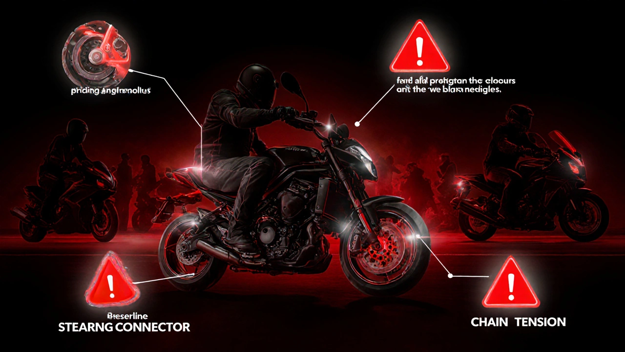 Motorcycle with transparent red warning indicators over five critical defect points.
