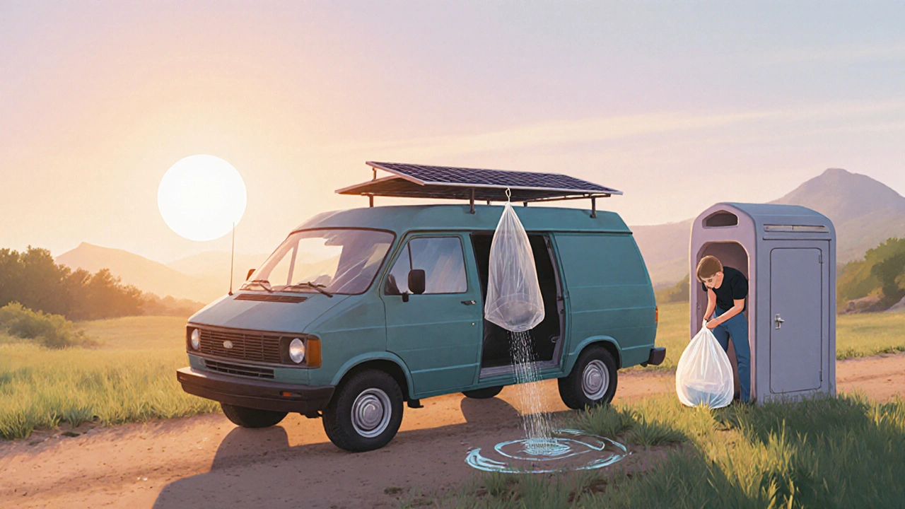 Person emptying compostable waste bag into a public restroom toilet, solar shower draining on grass.