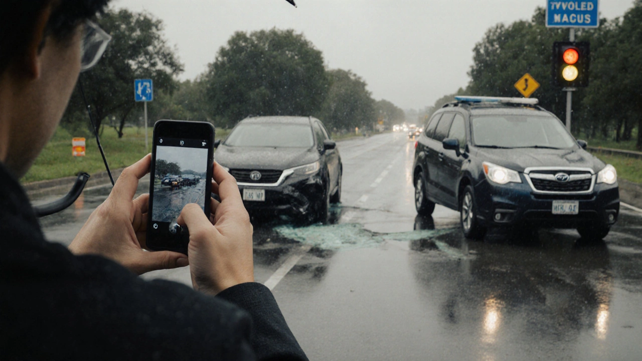 Person taking detailed photos of car damage, skid marks, and traffic signs at an accident scene.