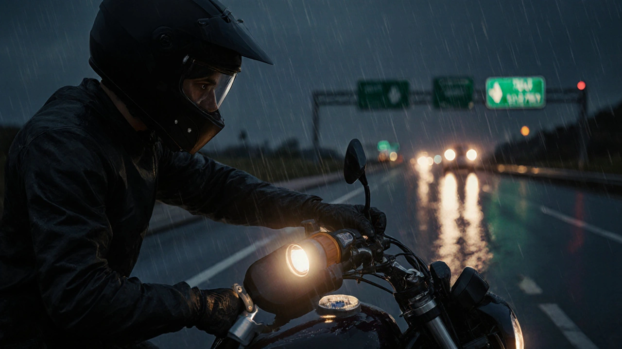 Rider receiving fuel from a sealed transfer pump at night, rain-slicked road and warm work light illuminating the scene.
