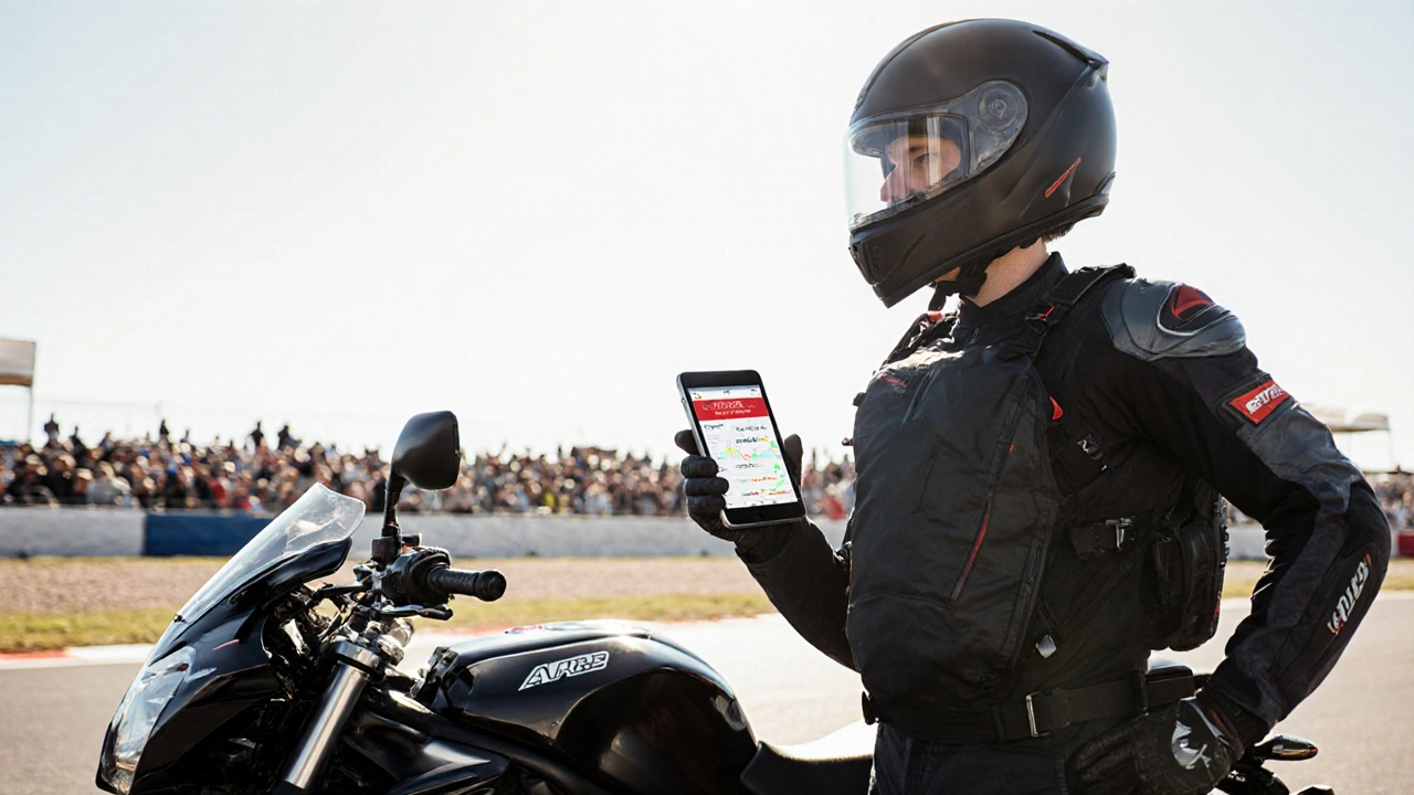 Rider wearing an entry-level airbag jacket over regular gear, checking helmet data on a smartphone app at a track.