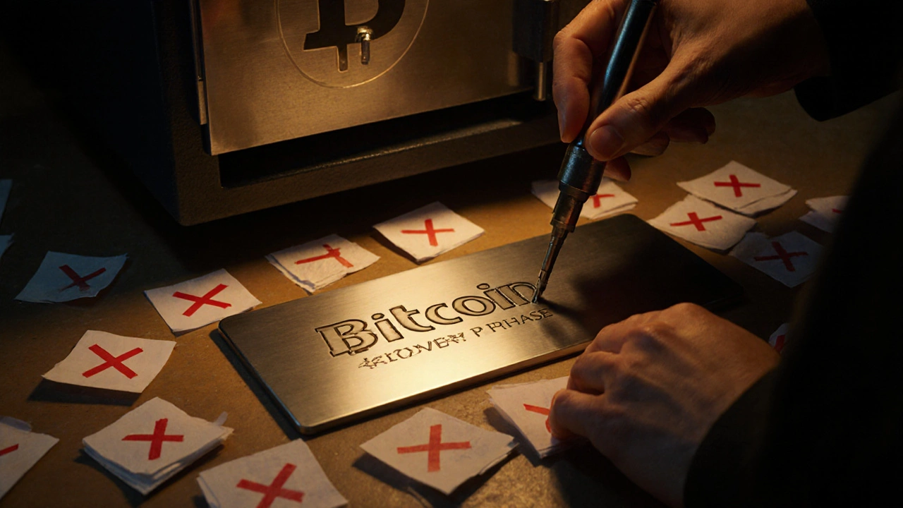 Someone engraving a Bitcoin recovery phrase onto stainless steel in a secure setting.