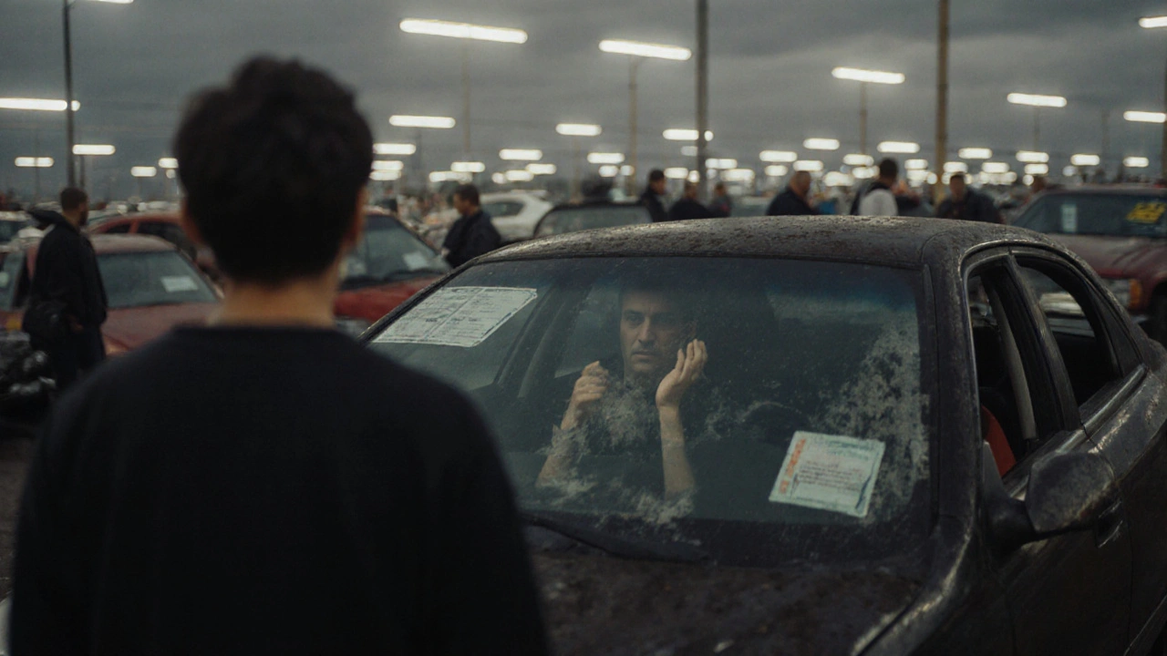 Someone watching their car being auctioned off under fluorescent lights.