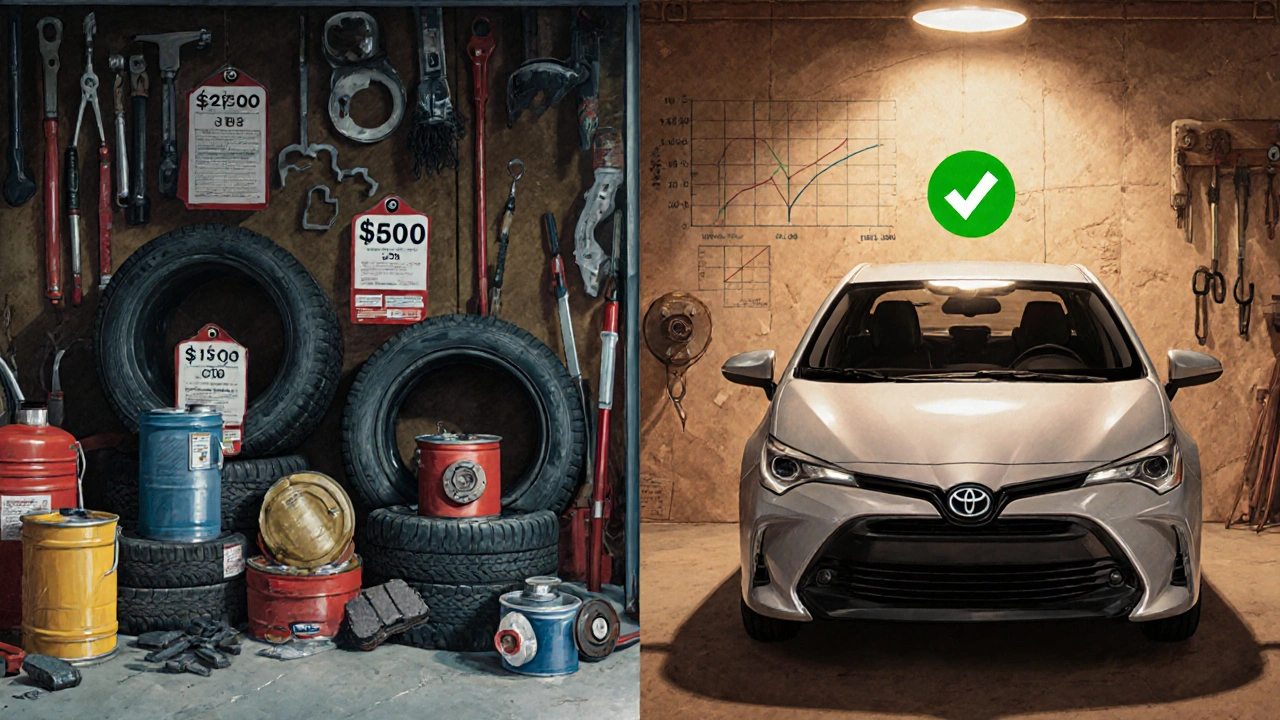 Split illustration comparing high-maintenance repairs vs. reliable car maintenance.