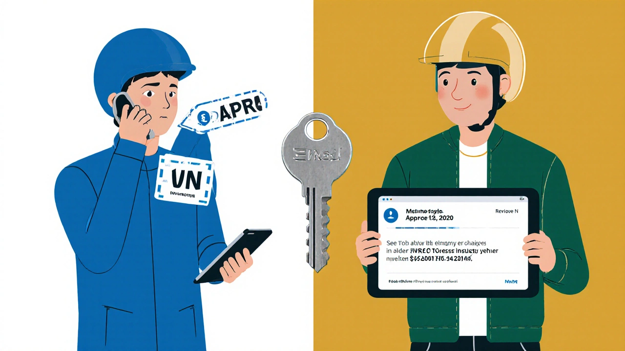 Split illustration of rider getting insurance confirmation before receiving motorcycle keys