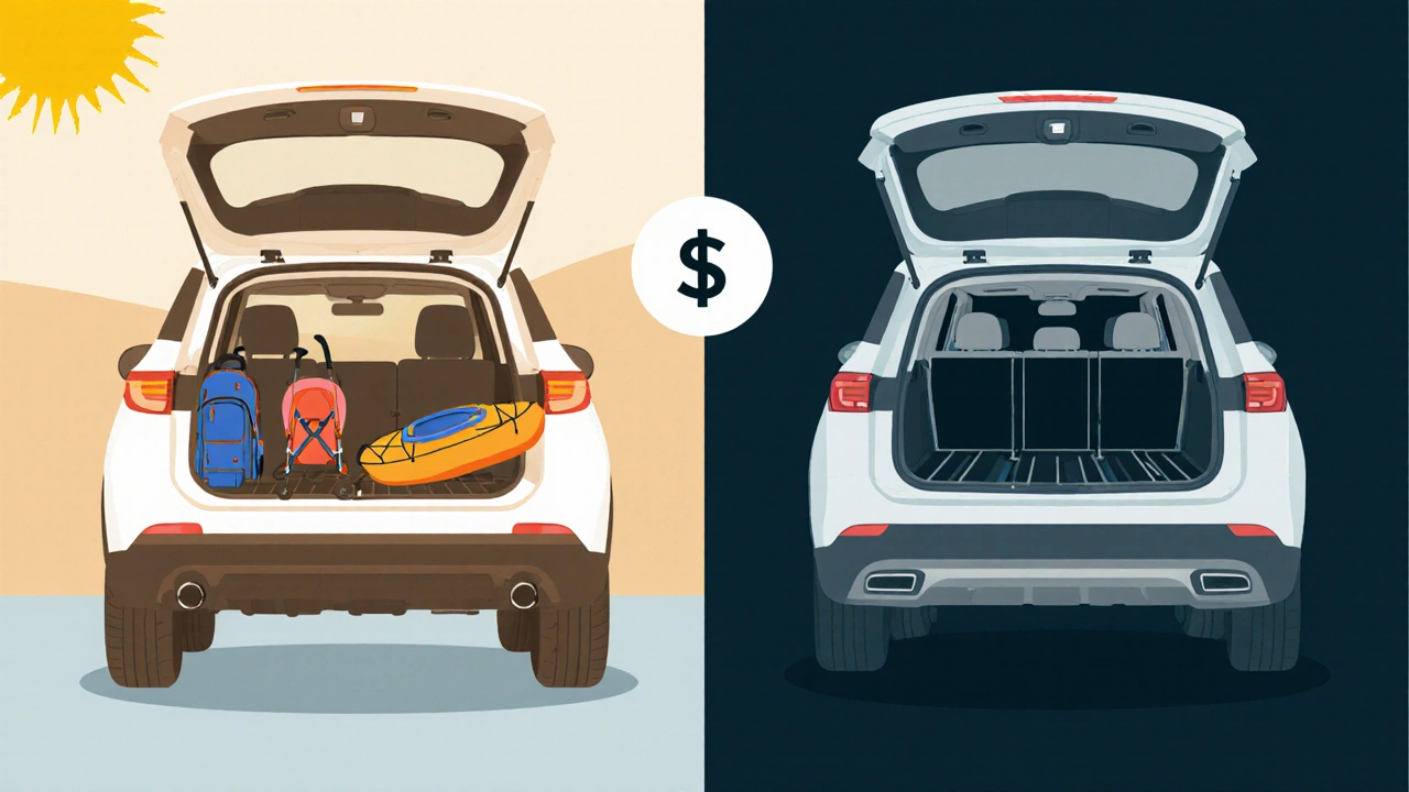 Split image comparing open cargo space of two-row SUV versus cramped space in three-row SUV.