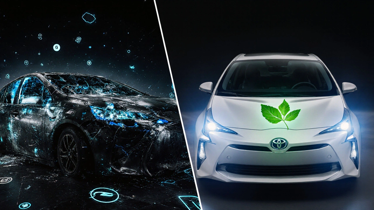 Split image: luxury car with broken tech vs. clean Toyota Prius hybrid.