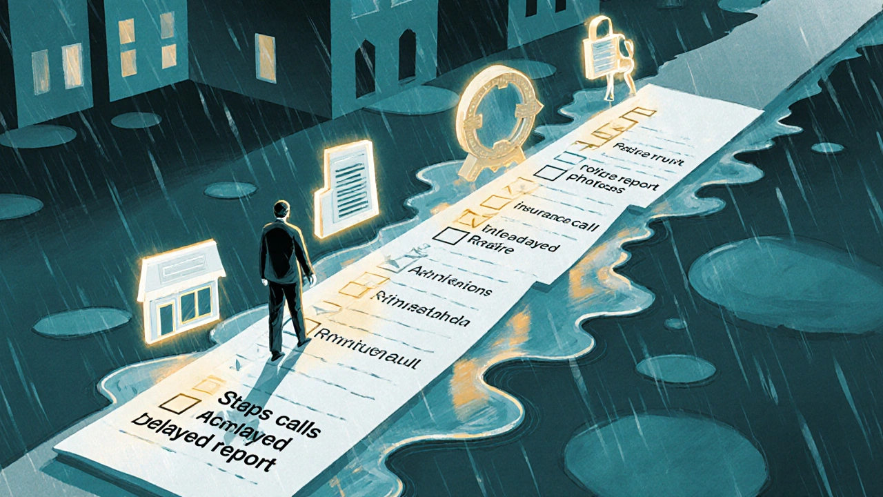 Symbolic path of insurance claim steps glowing through a stormy urban environment.