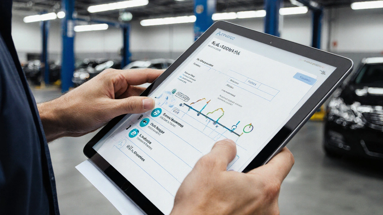 Technician handing service invoice to customer in auto shop with digital service history on tablet.