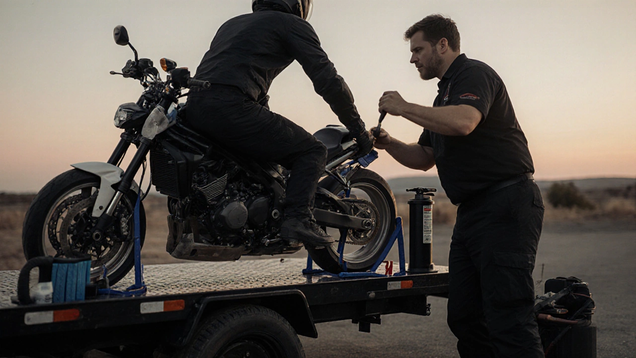 Technician loading a sportbike onto a flatbed trailer using soft straps and wheel chocks with tools nearby.