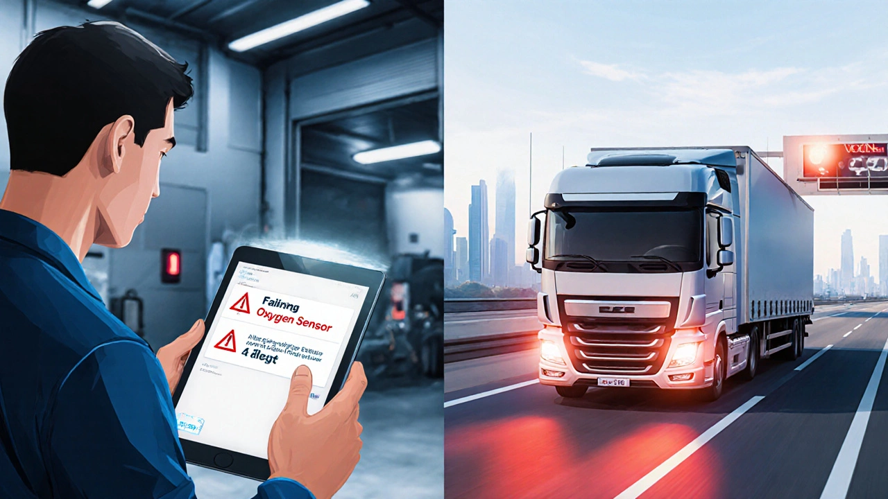 Technician receives maintenance alert while truck drives toward service center with warning light fading.